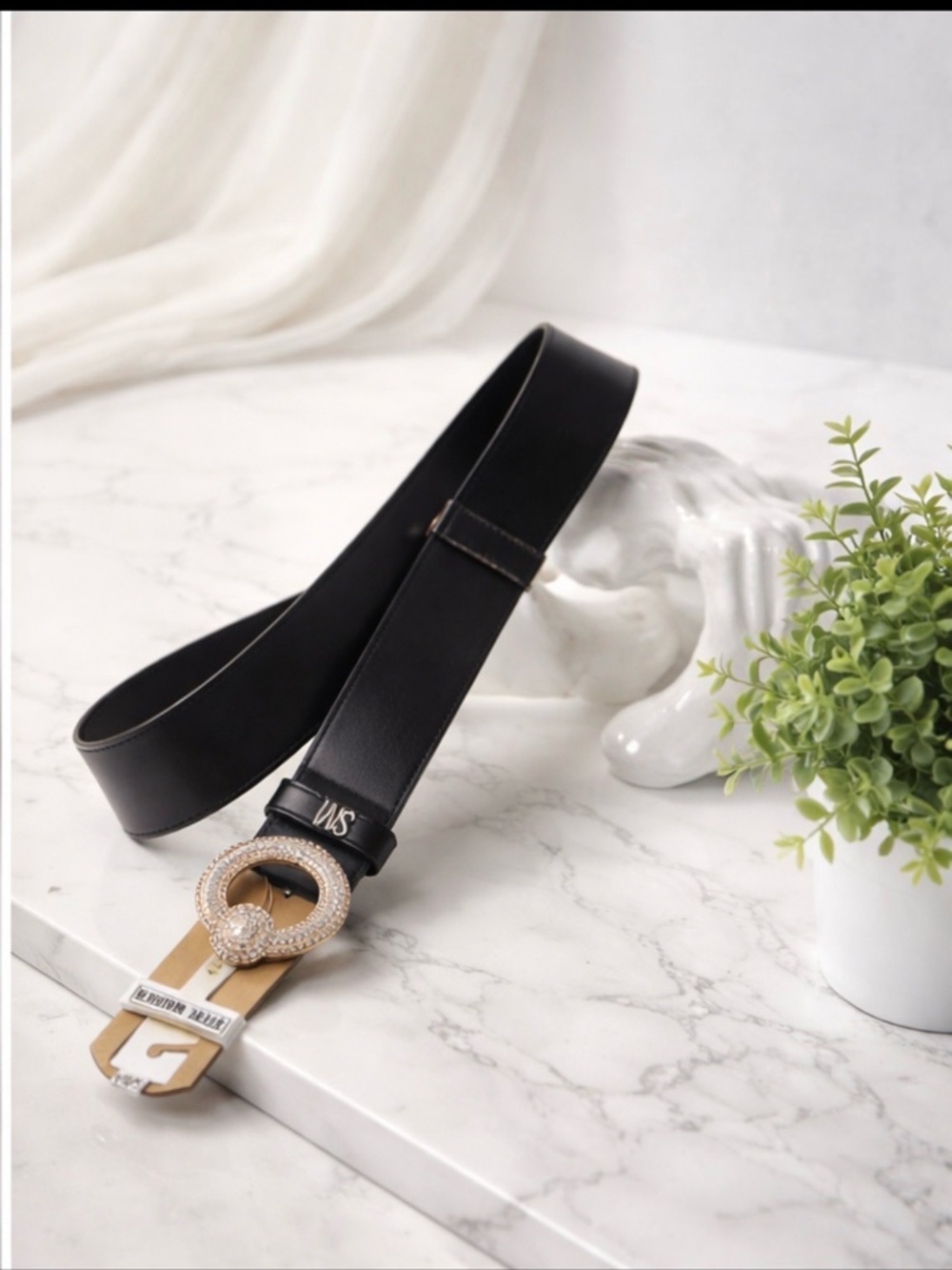Steve Madden Women's Rhinestone Circle Buckle Elastic Waist Belt Black/Gold, NWT